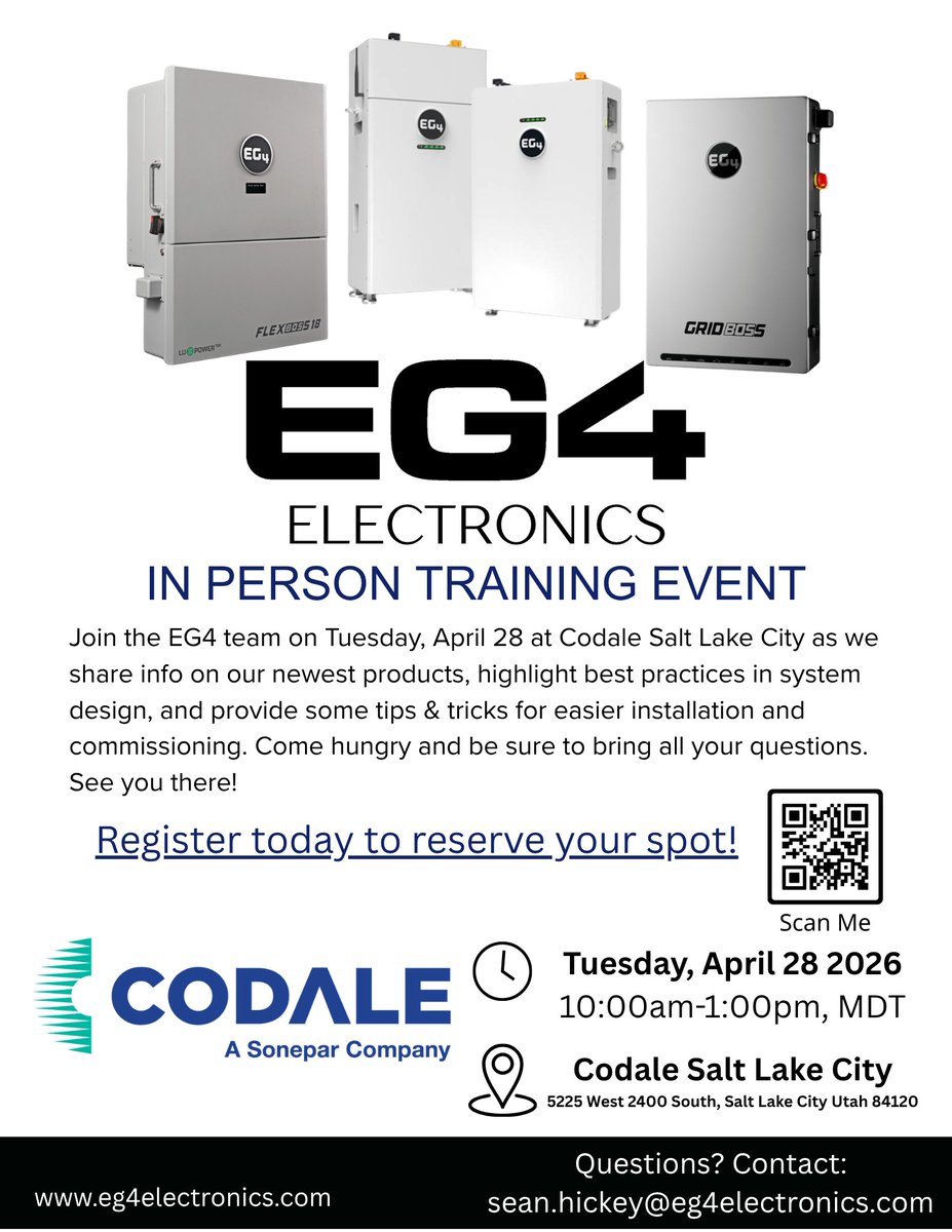 🔋⚡ EG4 Electronics In‑Person Training at Codale SLC! ⚡🔋
Join us Tuesday, April 28 as the EG4 team shares insights on their newest products!
 Lunch provided 
 10:00 AM–1:00 PM | 📍 Codale Salt Lake City
👉 Register today to save your spot!
eg4codale.events.sonepar.com