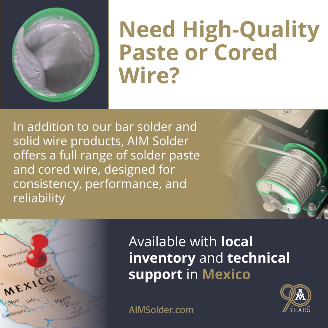 AIM_Solder's tweet photo. Need High-Quality Paste or Cored Wire❓
In addition to bar and solid wire, AIM Solder offers a full range of solder paste and cored wire designed for consistency and #reliability.
Now available with local inventory and tech support in #Mexico!
#SolderPaste #Electronics #AIM https://t.co/3kwcaf830l
