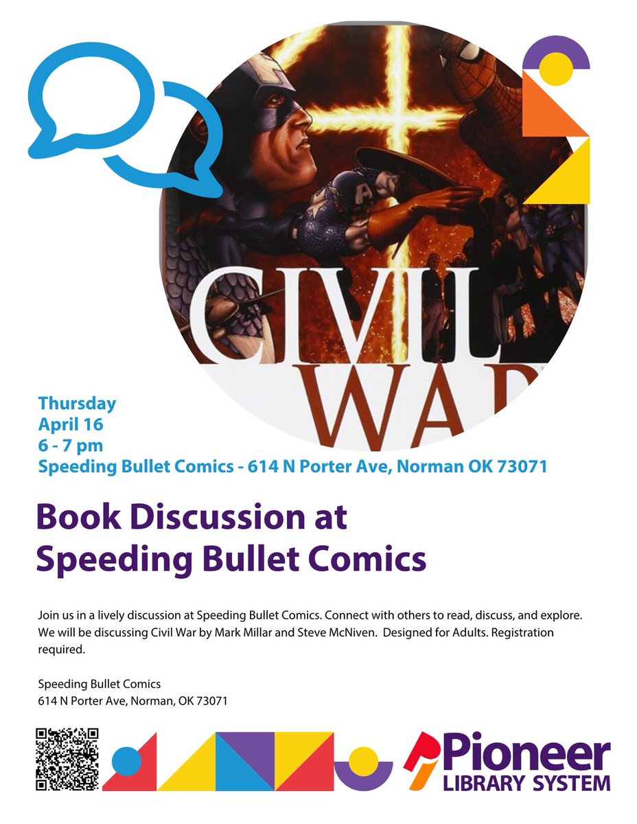 OklahomaLefty's tweet photo. This month's comics-based book discussion group at Speeding Bullet Comics is this Thursday, Apr. 16th at 6 PM. We will discuss Civil War by Mark Millar, Steve McNiven. 
More Info: https://t.co/xqZGQGYsrz https://t.co/DhkYpuNgHp