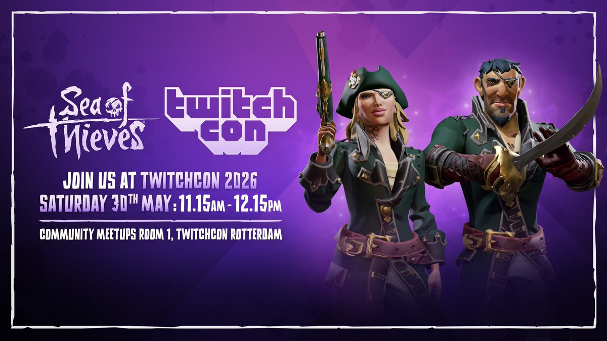 SeaOfThieves's tweet image. Attending #TwitchCon Rotterdam next month? We are, and we're hosting a community meetup! On Saturday May 30th, from 11:15am-12:15pm CEST, head to Community Meetups Room 1 to meet fellow pirates, talk to members of our crew and maybe even swipe some swag...