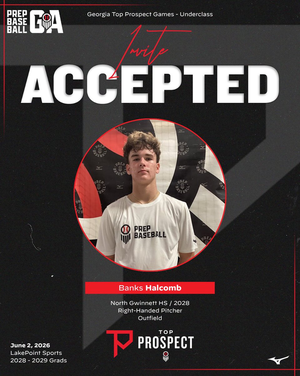 PrepBaseballGA's tweet photo. 𝐓𝐨𝐩 𝐏𝐫𝐨𝐬𝐩𝐞𝐜𝐭 𝐆𝐚𝐦𝐞𝐬: 𝐔𝐧𝐝𝐞𝐫𝐜𝐥𝐚𝐬𝐬 🍑 
𝑰𝒏𝒗𝒊𝒕𝒆 𝑨𝒄𝒄𝒆𝒑𝒕𝒆𝒅 ✅ 

+ OF Brody Conner
+ OF Mason Malone
+ RHP Carter Jeske
+ RHP/OF Banks Halcomb

Roster, request an invite, event details ⤵️ 
🔗 https://t.co/vRWkOrqtAS https://t.co/j7we86LXH6