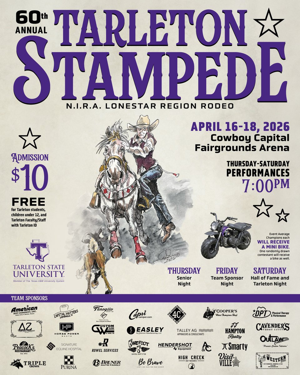 TarletonState's tweet photo. The 60th Annual Tarleton Stampede starts Thursday and runs through Saturday! Come support and cheer on our Texans 🤠💜

Learn more: https://t.co/4HVZxXK2WP

#TarletonState #BleedPurple https://t.co/fFq0Tl4BEA