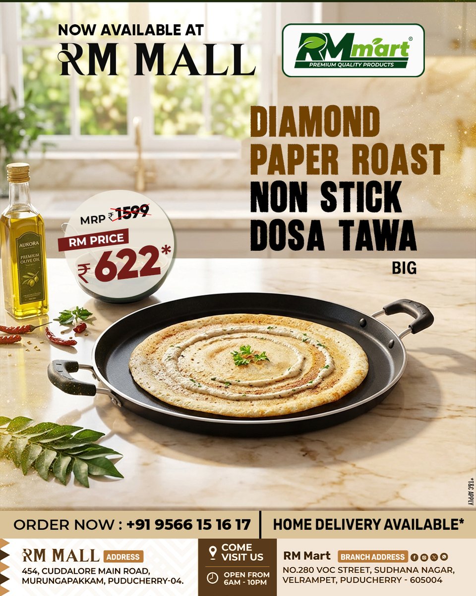 rmmartofficial's tweet image. Make restaurant-style crispy dosas at home for just ₹622 with our Diamond Paper Roast Non Stick Tawa! 🍳✨ 

#PuducherryShopping #KitchenWareIndia #NonStickCookware #RMMart #DosaLover