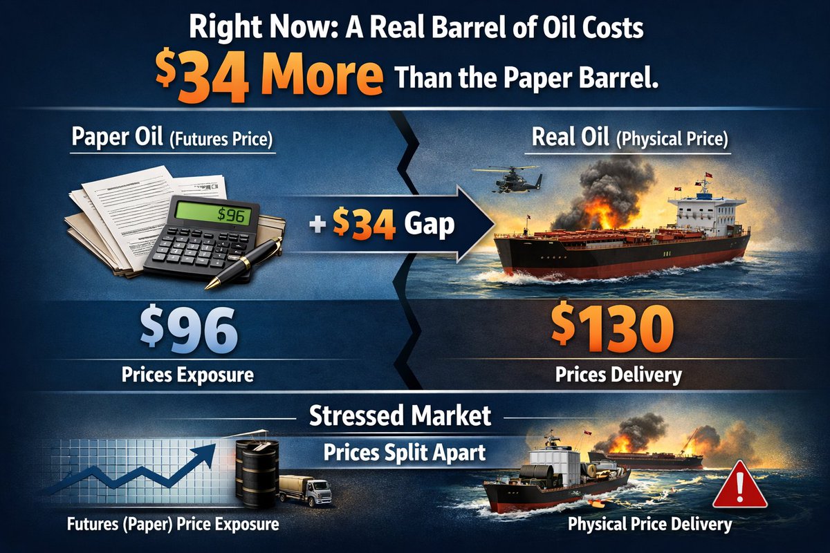 david_eng_mba's tweet photo. Right Now a Real Barrel of Oil Costs $34 More Than the Paper Barrel.

Because futures/paper price exposure.
Physical prices delivery.

#Oil #WTI #Brent #Hormuz #BabAlMandeb #EnergyMarkets #Geopolitics #MiddleEast