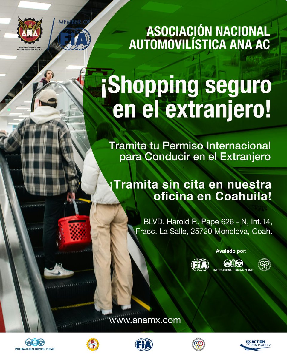 ¿Shopping en USA? Maneja sin preocupaciones, tramita tu  Permiso Internacional para Conducir en el Extranjero. Visita nuestra oficina en Coahuila ¡Ya no necesitas cita para tu trámite! ow.ly/11Ep50YHgnb / 86 6105 9604/ Avalado por la FIA - FITAC y ONU.