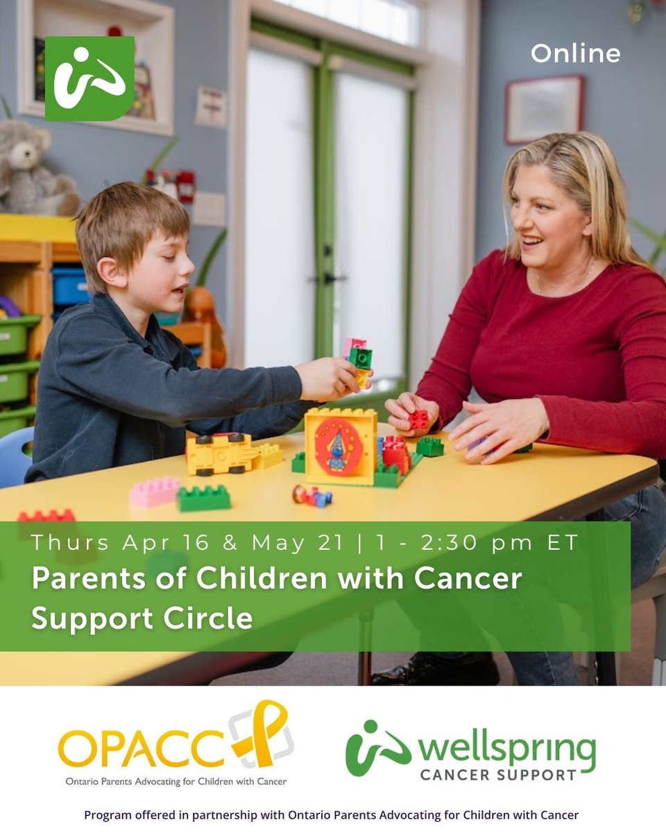 WellspringCAN's tweet photo. When a child is living with cancer, parents and caregivers carry so much behind the scenes. The Parents of Children with Cancer Support Circle offers a space just for them. 💚

📅 Dates:
• April 16
• May 21

🔗 https://t.co/yTm9pVcZyX

#CaregiverSupport #ChildhoodCancer https://t.co/rwWk1GytLY