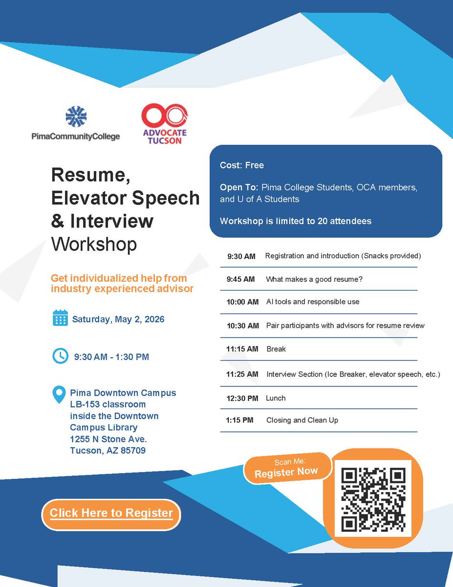 PimaHR's tweet photo. #PimaCommunityCollege and #UniversityofArizona Students! Are you seeking advice on:
📌 Resumes
📌 Interview tips
📌 Elevator speech
Attend the OCA Tucson Chapter FREE Workshop! 
Get personalized assistance with Advising experts! 

Register here: https://t.co/CvadPvYzLp https://t.co/sQooPmiLVL