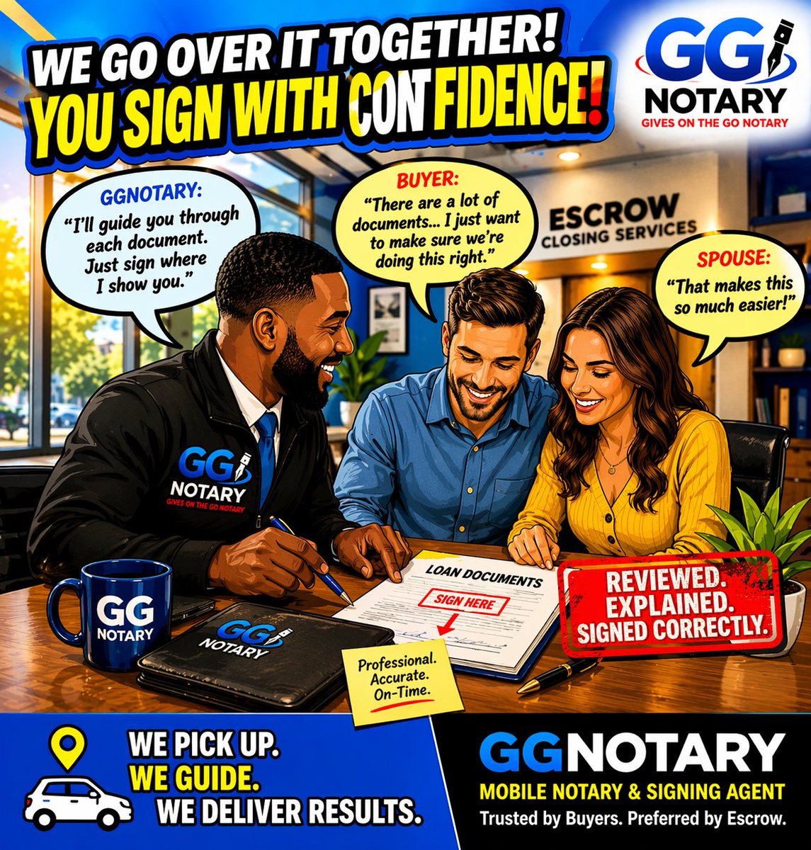 bkbert23's tweet photo. Many signing issues happen when borrowers are rushed or confused.
That’s why we take the time to guide the process — it protects the closing.
GGNotary — Professional signing from start to finish. https://t.co/s5XEQqNvwd
