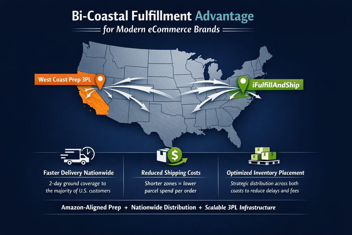WestCoast3PL's tweet photo. Most brands try to serve the U.S. from one location.
That’s the mistake.

We fixed it.

West Coast Prep 3PL x iFulfillAndShip
Bi-coastal fulfillment is live. https://t.co/FlIiPWbozG
