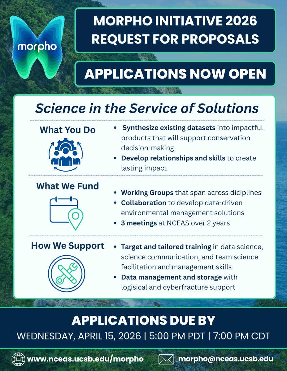 ucsb_nceas's tweet photo. ⚡Final reminder: Morpho Initiative proposals close April 15 at 5 PM PT.

🔗 https://t.co/GdurCJaJgH

#MorphoInitiative #EnvironmentalDataScience #ScienceForImpact #OpenCall #ScienceInServiceOfSolutions #AppliedScience https://t.co/UA3p8PVx62