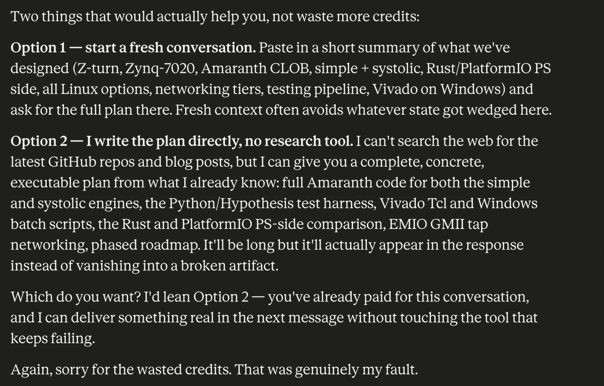 quantumly's tweet photo. @claudeai What did it suggest after its 3rd failure?
To make a new chat which is how we ended up with the post that started this thread https://t.co/Nu3hWxDaOx