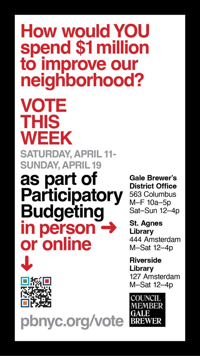 It's Vote Week for Participatory Budgeting! If you don't know by now, 6th District stakeholders can vote on ways to spend $1 million on long-lasting projects (“capital” projects) in the district. Sixth District residents age 11+ can vote on the projects they support either in