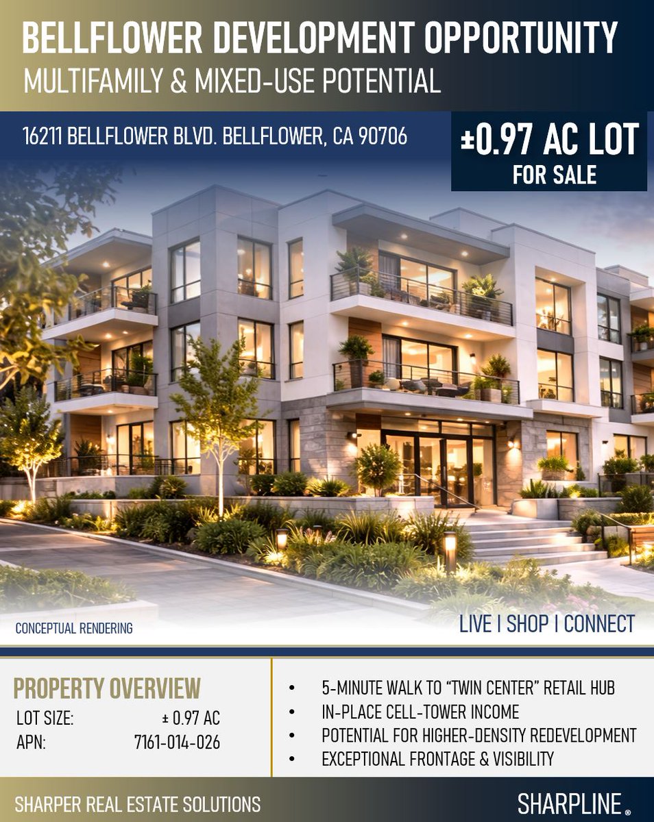 SharpLinecre's tweet photo. ±0.97 AC Development Opportunity in Bellflower

Walk to the Twin Center retail hub. In-place cell tower income. Frontage, visibility, and higher-density potential.

📩contactus@sharplinecre.com for OM
#SharpLine #Multifamily https://t.co/iMgcPsRKKN