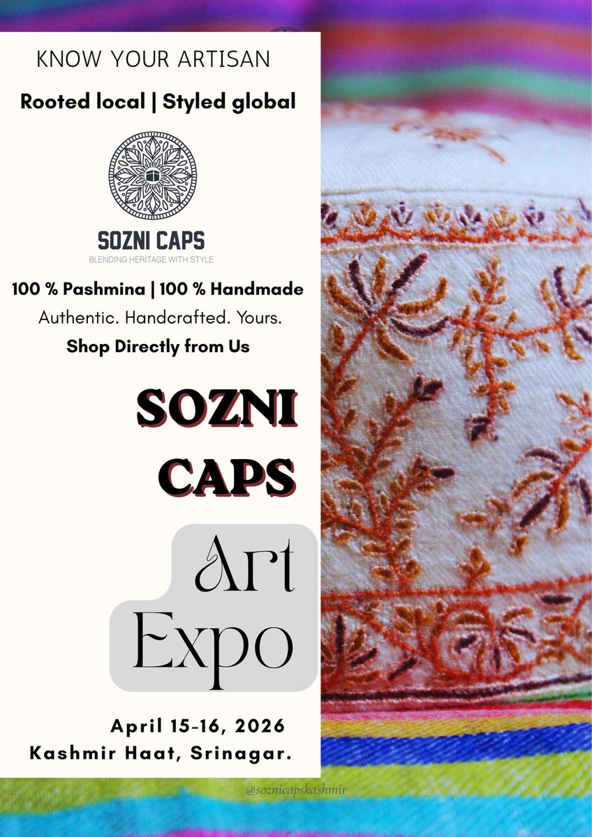 soznicaps's tweet photo. Every stitch tells a story of Kashmir

Sozni Caps — crafted to last

Meet us at Kashmir Haat | 15–16 April 2026.

https://t.co/1YpFlTMUYi https://t.co/HKkghwg58D