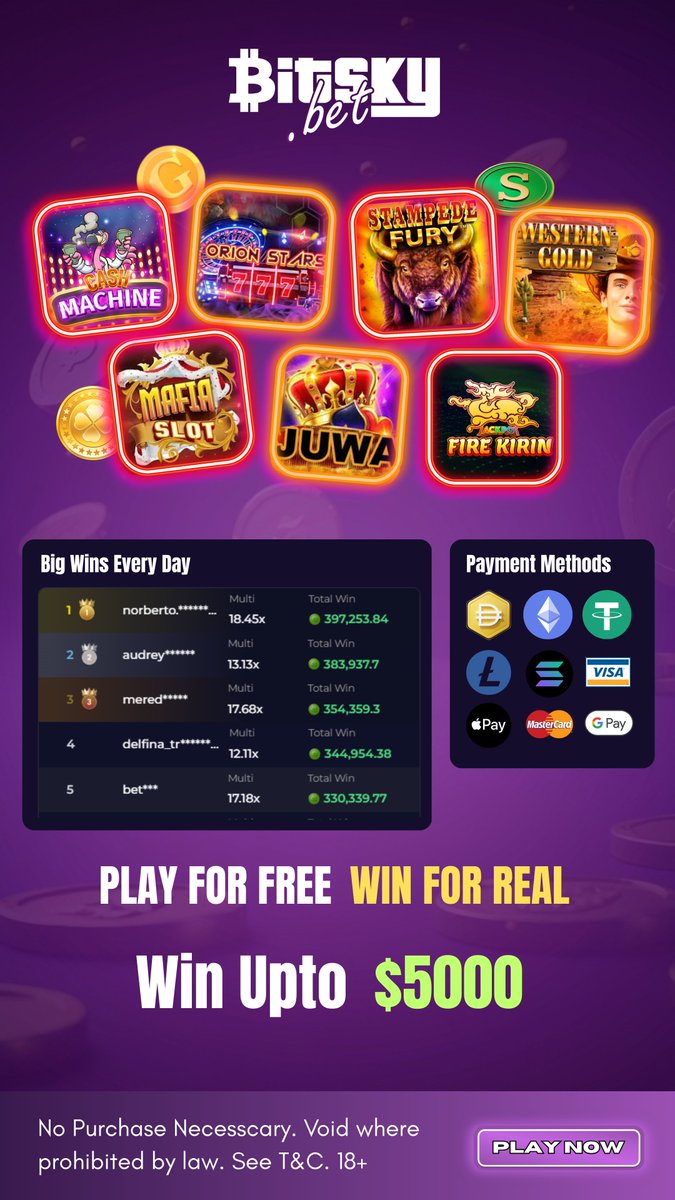 bitskybet's tweet image. Play for free. Win real rewards.
Climb the leaderboard on Bitsky and enjoy big wins every day. Get your chance to win up to $5000.

Sign up now: bitsky.bet

#Bitsky #PlayToWin #BigWinsEveryday #Leaderboard