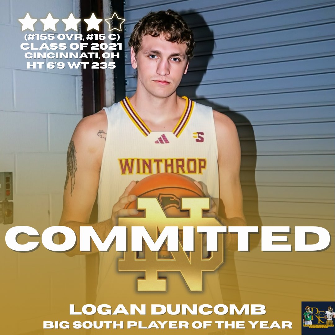 Fravel_Ryan's tweet image. BREAKING: Former Indiana &amp;amp; Winthrop C Logan Duncomb has Officially Committed to the Notre Dame Fighting Irish!

Duncomb was the 2025-26 Big South Player of the Year.  Last season he averaged 18.3ppg on 60% shooting from the field.

He ranks as the #155 Overall Player &amp;amp; #15 C in