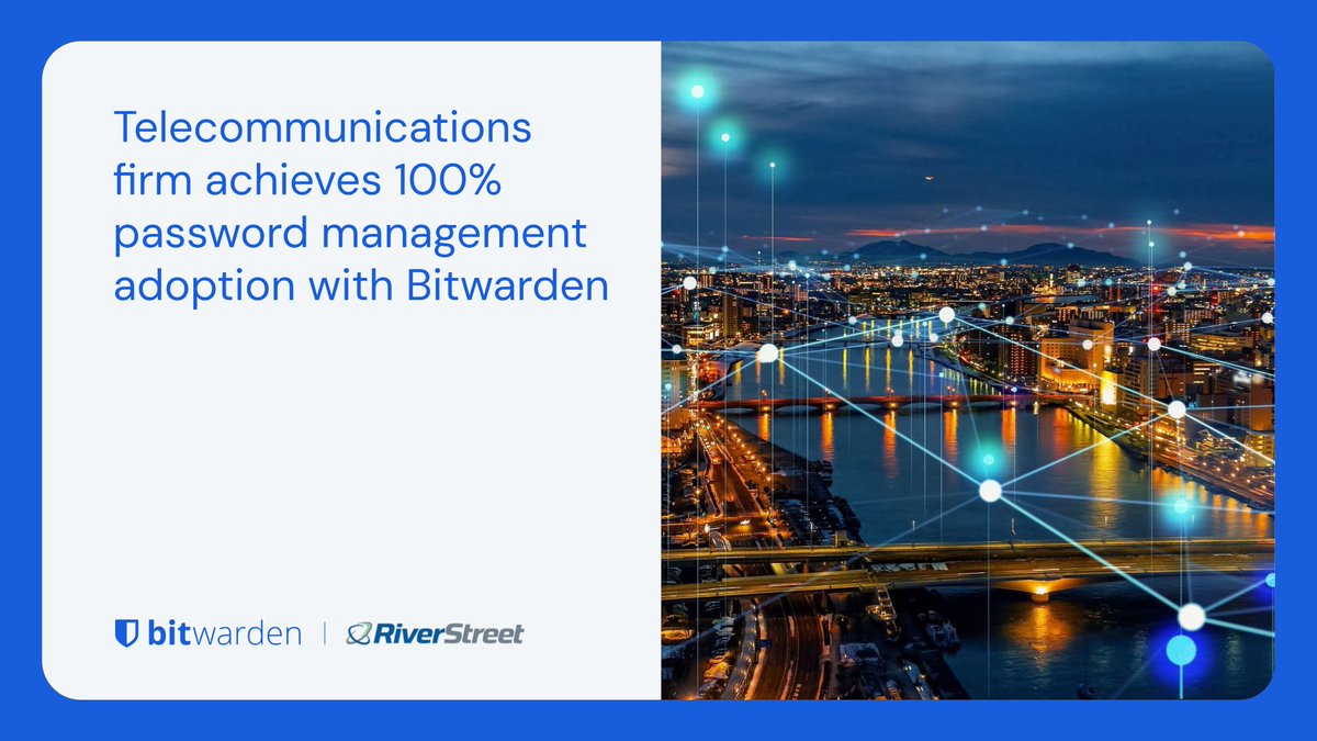 Bitwarden's tweet photo. What’s working well with Bitwarden? According to RiverStreet Networks: “Everything.” Learn why Bitwarden was the right enterprise #passwordmanagement solution: https://t.co/bukGG1fsHD https://t.co/2njpFvf4NC