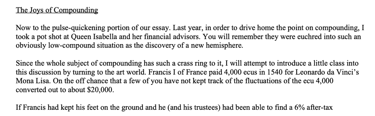 ReneSellmann's tweet photo. Love this excerpt from Buffett's 1864 partnership letter 👇🏻

In 1540, King Francis I bought the Mona Lisa for roughly $20,000.

Buffett’s 1964 math: If the King had invested that $20k at 6% instead, his estate would be worth $1 QUADRILLION today. That is 3,000x the national debt (at the time).

The ultimate lesson in the "absurdity" of compounding.