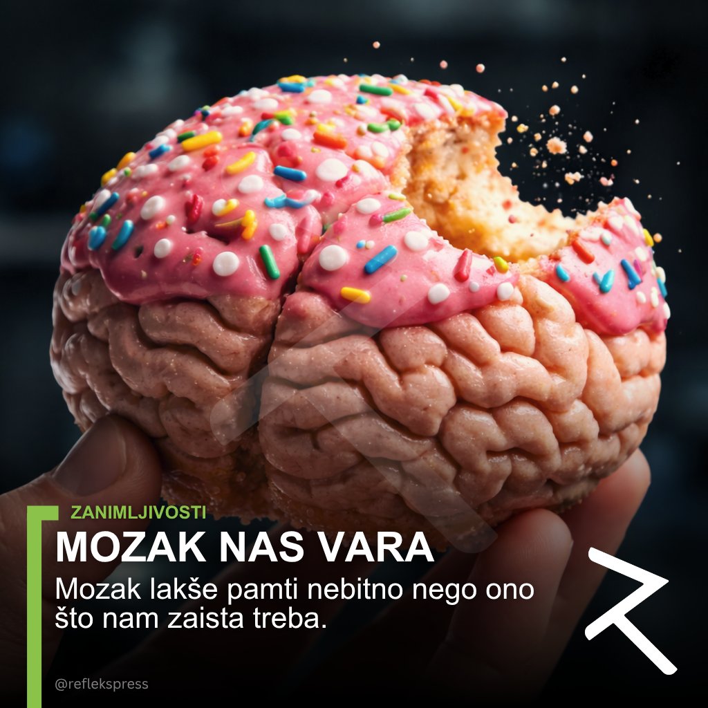 reflekspress's tweet photo. MOZAK NAS VARA

Mozak lakše pamti neobično i besmisleno nego ono što nam treba. Ne pamtimo ono što želimo, već ono što nam mozak označi kao zanimljivo. Koliko zaista kontrolišemo ono što pamtimo?

Refleks
Između redova! https://t.co/2mvvK48Feu