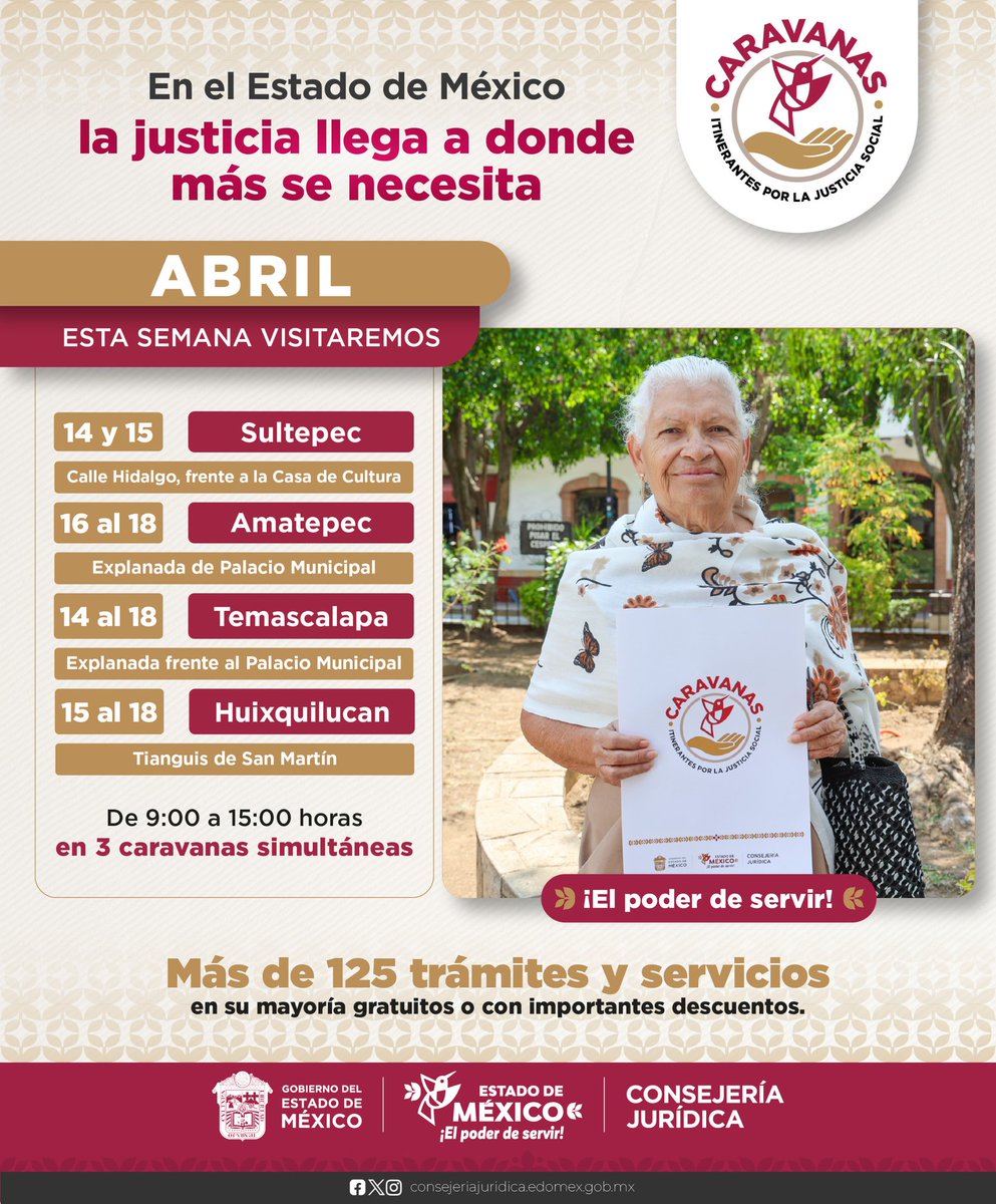 Edomex's tweet image. 📝🏔️ En el #EdoMex, transformamos la forma de servir al pueblo llevando servicios jurídicos y administrativos a Sultepec, Amatepec, Temascalapa y Huixquilucan. Consulta horarios y ubicaciones en:
🌐 caravanas.edomex.gob.mx ✨🙌

#ElPoderDeServir