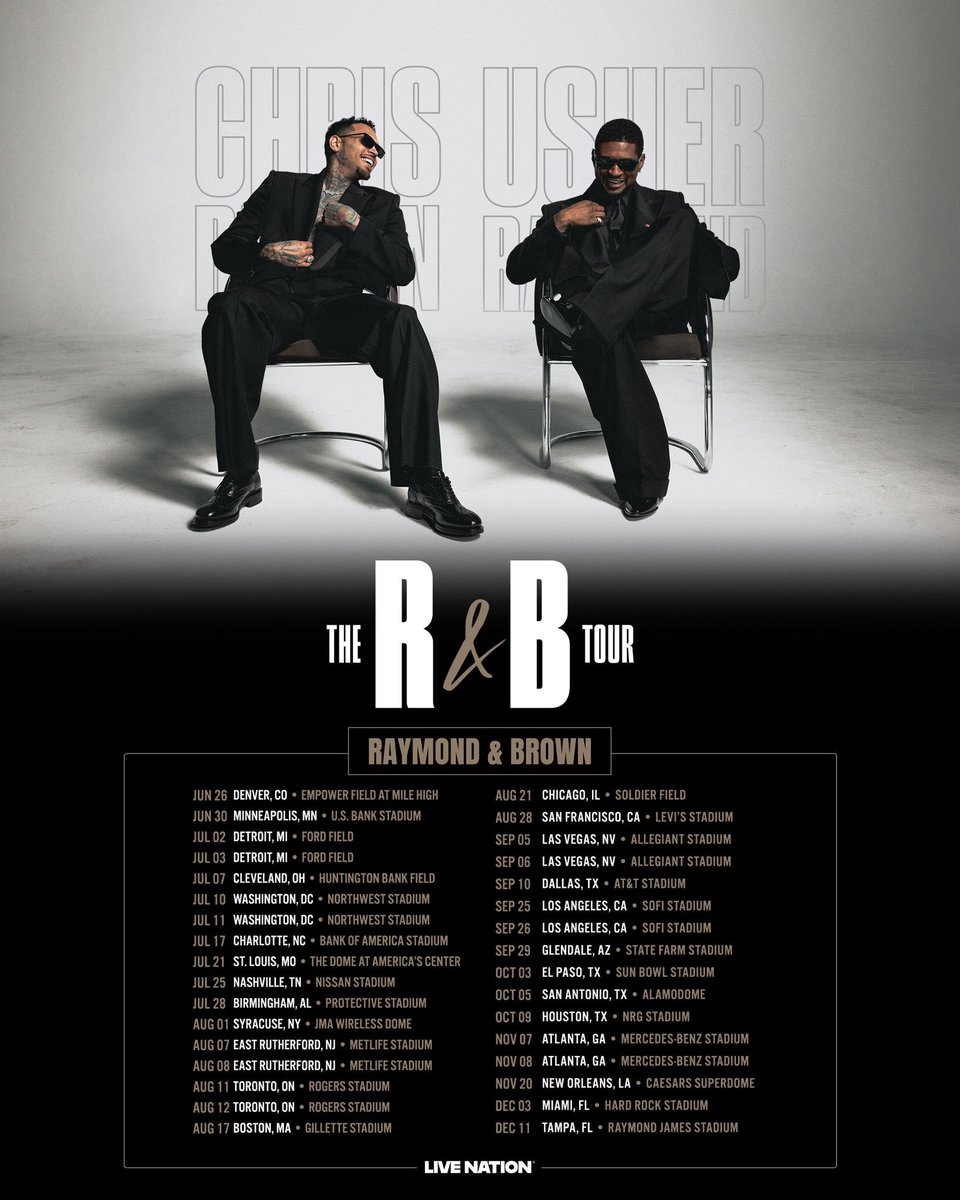 CHRIS BROWN
USHER

THE R&amp;B TOUR 
(RAYMOND &amp; BROWN)

JUNE 26 — DECEMBER 11 🚨