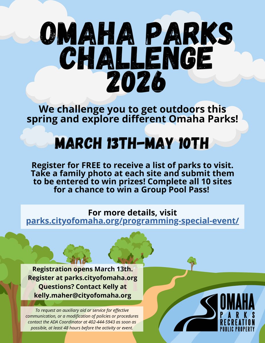 Sign up for the Omaha Parks Challenge, now through May 10! You’ll receive a list of 10 parks to visit and snap a photo at each one along the way. 📸

Complete all 10 stops and you’ll be entered for a chance to win a group pool pass! 🏊‍♂️

Sign up for free: ow.ly/fPxT50YHsHi
