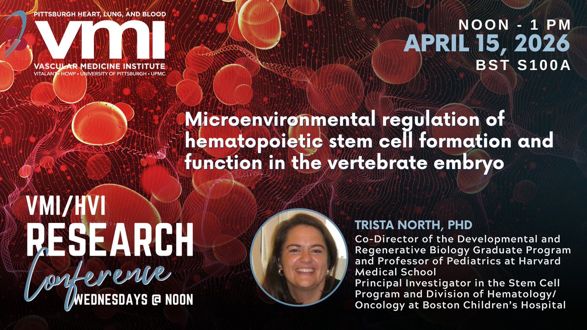 PittVMI's tweet photo. 🔬 Join us at noon on Wednesday, April 15, for the next VMI/HVI Research Conference!

Dr. Trista North will present: "Microenvironmental regulation of hematopoietic stem cell formation and
function in the vertebrate embryo" https://t.co/SY3qfwTuY6