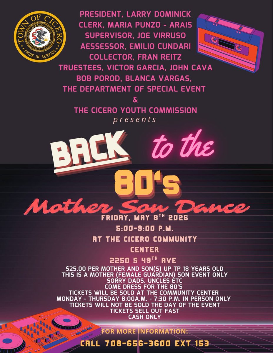 🎶 BACK TO THE 80'S: REGISTER NOW FOR CICERO MOTHER &amp; SON DANCE! 💃

Get ready to rewind time, Cicero District 99! Break out the neon, tease up the hair, and grab your favorite dancing partner... because the MOST unforgettable night of the year is BACK!

This dance will be a