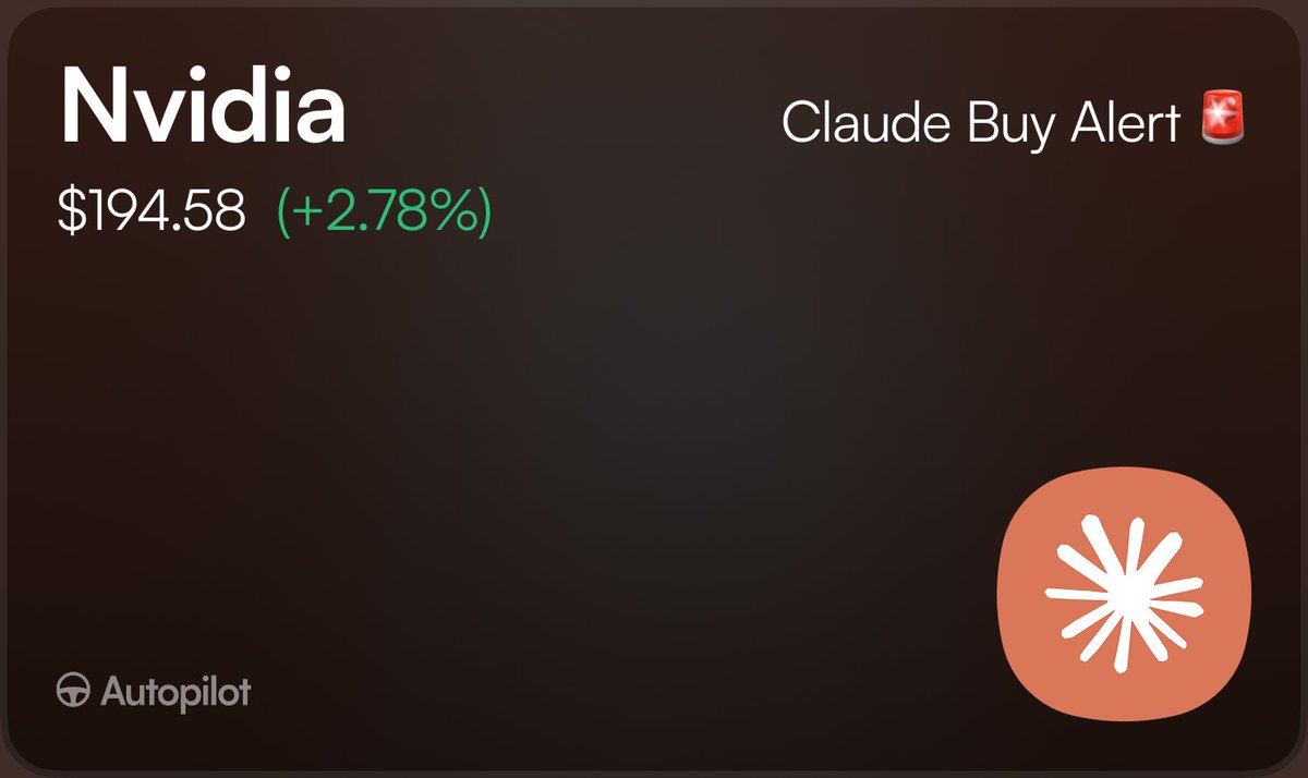 theaiportfolios's tweet image. Breaking: Claude just bought a new stock &amp;amp; made $NOW it's largest holding

Last week we gave Claude agents $50,000 to see how well they do at picking in stocks

So far, they've beaten the SPY by 4%

Today they bought a brand new stock

🟢 1. "BUY $NVDA Nvidia — New Position at 5%
