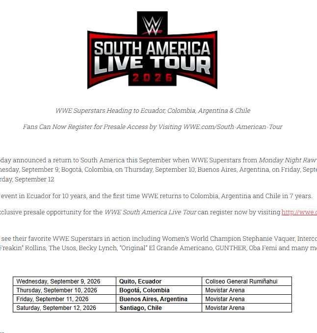 OFICIAL
Luego de 14 años, WWE regresa a Quito, la marca que venga será RAW, es decir por el momento: Cm Punk, Roman ReIGNS, Seth Rollins, Randy Orton, Rey Misterio, Dominik, Stephanie Vaquer entre otros