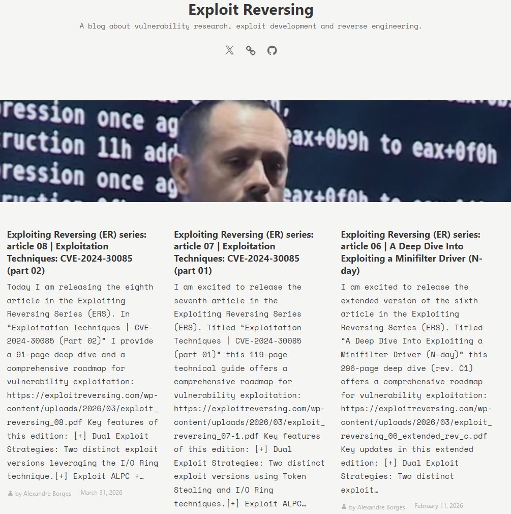 ale_sp_brazil's tweet image. The Exploiting Reversing Series (ERS) currently features 945 pages of exploit development based on real-world targets:

[+] ERS 08: exploitreversing.com/2026/03/31/exp…
[+] ERS 07: exploitreversing.com/2026/03/04/exp…
[+] ERS 06: exploitreversing.com/2026/02/11/exp…
[+] ERS 05: exploitreversing.com/2025/03/12/exp…
[+] ERS 04:
