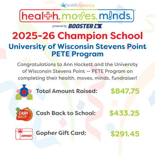 🎉 First-year success in our University Pilot Program!

UW–Stevens Point PETE, led by Ann Hockett, raised $847.75 in their first #healthmovesminds fundraiser 🙌

💰 $433.25 back
 🎁$291.45 Gopher gift card

Future educators making an impact! #SchoolFundraising