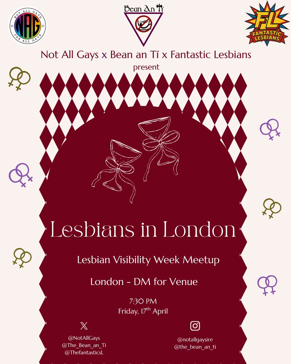 NotAllGays's tweet photo. To celebrate Lesbian Visibility Week, the Not All Gays lesbians have teamed up with our Irish sisters @The_Bean_an_Ti, and the wonderful @ThefantasticsL to host a lesbian night out in London ahead of the @AllianceLGB conference on Saturday. 

Join the Lezzers on Tour on Friday 17th at 7:30pm for drinks, nibbles, and naturally, great craic. 

DM us for venue details.