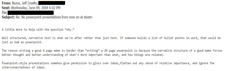 ihtesham2005's tweet image. Jeff Bezos banned PowerPoint at Amazon in 2004.

Every executive thought he had lost his mind.

Twenty years later, it's the single best decision he ever made for how Amazon thinks.

Here's the meeting format he replaced it with, and how I use the same structure with Claude:

On