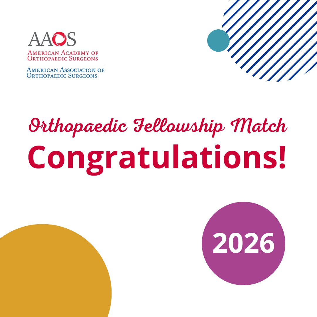 AAOS1's tweet image. Congratulations to our AAOS resident members and future subspecialists who matched to an orthopaedic fellowship today! 🎉 

Share your match destination with us in the comments below! 

#OrthoMatch2026 #OrthoFellowshipMatch #OrthoTwitter