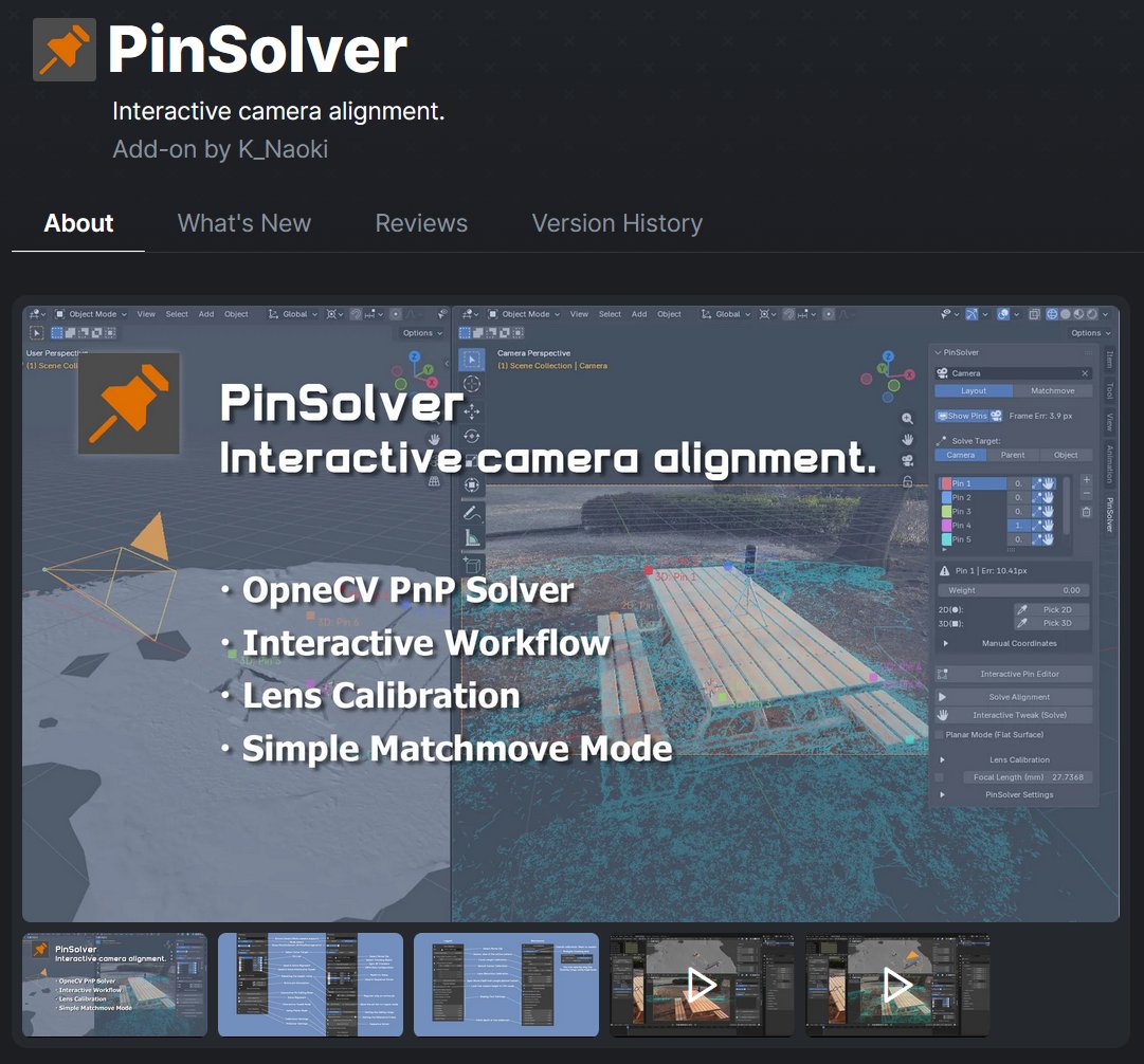 kurono73's tweet photo. 新Addonが承認された！PinSolver
OpenCVのPnPをフル活用したカメラレイアウトツール。
2Dピンと3Dピンによるアライメント、結果をリアルタイムに見ながらピンをいじれる微調整機能。
簡易版Survey Solverとも言えるマッチムーブ機能。
https://t.co/v1aTC3fUZ9 https://t.co/mkbV3LyZ8A