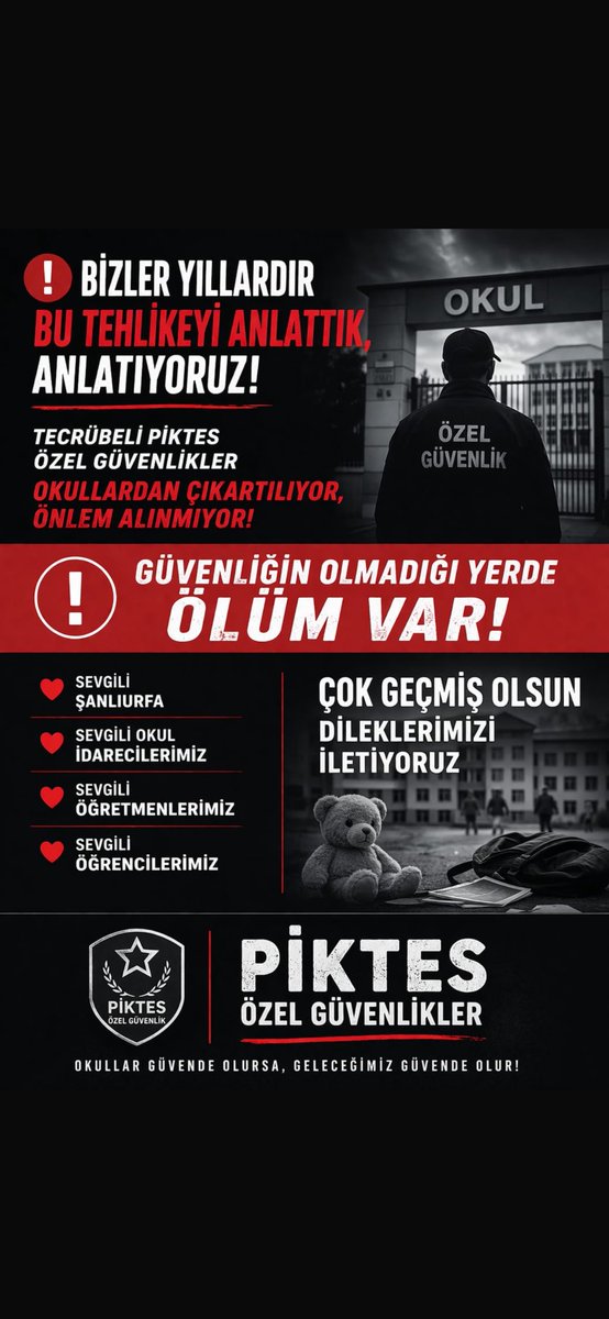 <a href="/Yusuf__Tekin/">Yusuf Tekin</a> 📌Sayın bakanım sayın yetkililer 
Bizler bu tehlikeyi yıllardır anlatıyoruz 
🛑Her geçen gün ölümlerin şiddetin arttığı eğitim kurumlarında
 🚨Acil güvenlik önlemleri alınmalı 
👉10 yıllık Tecrübeli Piktes Özel güvenlikler okullara sabitlenmeli 
#Piktes