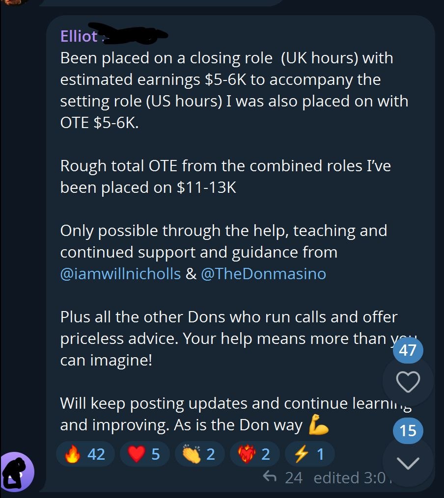 A few months ago, Elliot was earning a few thousand a month at a standard UK job

This week, he was placed on two part-time remote closing roles. Combined OTE: $11-13K a month. And that number will climb significantly as he ramps up.

(This is also even despite having a