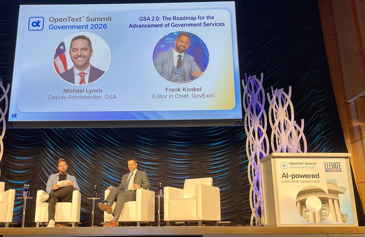 christinayiotis's tweet image. @OpenText Government Summit “Elevate Together” Fireside Chat on “#GSA 2.0: The Roadmap for the #Advancement of #Government #Services” with Michael Lynch, Deputy Administrator, @USGSA, and Moderator @Frank_Konkel, Editor-in-Chief, @GovExec