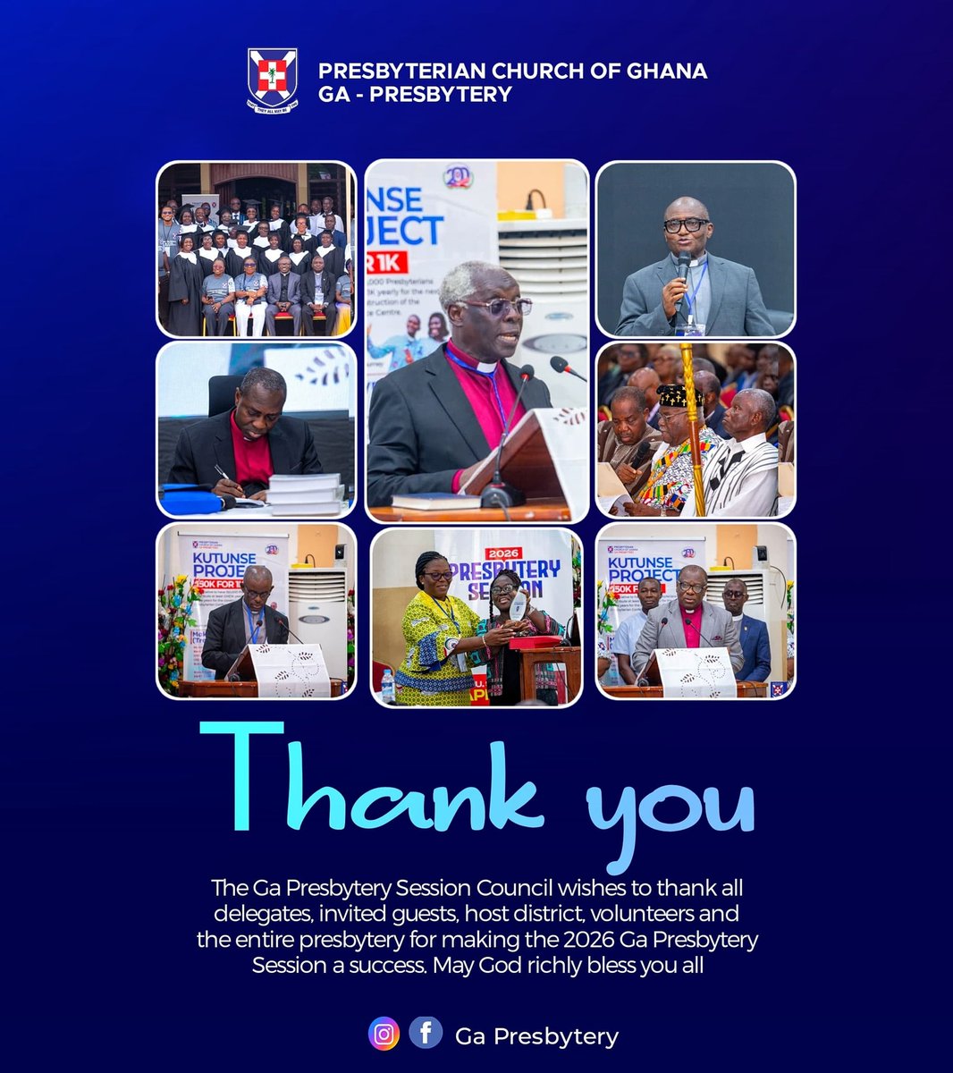 GaPresbytery's tweet photo. To God be the Glory! 🙏✨
The Ga Presbytery Session Council wishes to express our profound gratitude to everyone who played a part in the success of the 2026 Ga Presbytery Session.
#PresbyterianChurchOfGhana #FaithAndService https://t.co/cM5269plNO