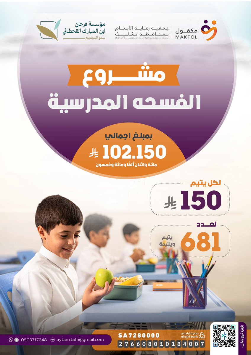 تعلن #جمعية_مكفول_لرعاية_الأيتام_بمحافظة_تثليث
عن تنفيذ مشروع الفسحة المدرسية، حيث تم – بحمد الله – تقديم دعم مالي بإجمالي (102,150 ريال)، بواقع 150 ريالًا لكل يتيم ويتيمة، استفاد منه 681 يتيمًا ويتيمة.

نسأل الله أن يجعل هذا الدعم عونًا لهم في مسيرتهم التعليمية، وأن يجزي