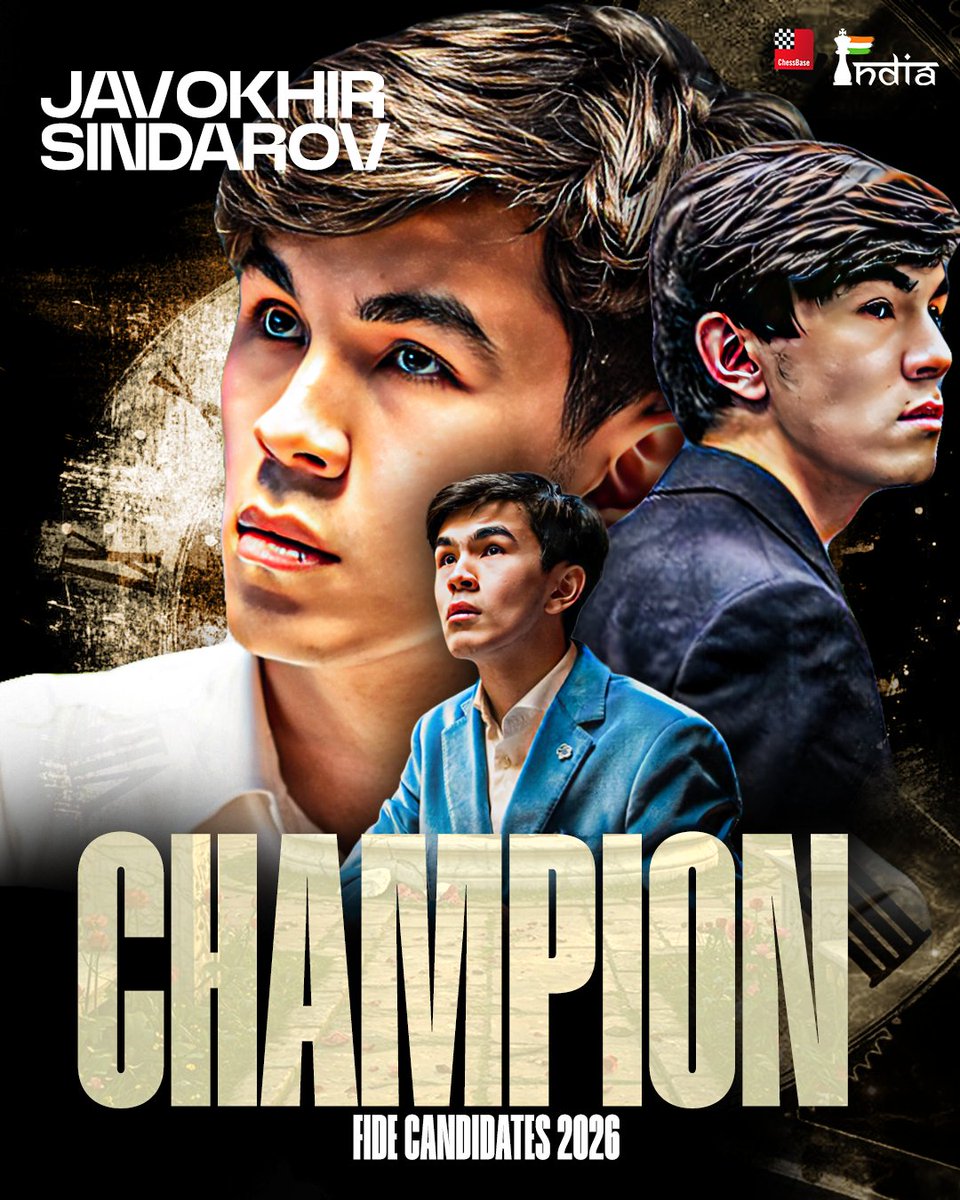 ChessbaseIndia's tweet image. Javokhir Sindarov 🇺🇿  the Champion of FIDE Candidates Tournament 2026 with a round to spare! Sindarov will challenge the reigning World Champion D Gukesh 🇮🇳 in the upcoming World Chess Championship match.

Sindarov had a comfortable 2 point lead going into the penultimate round