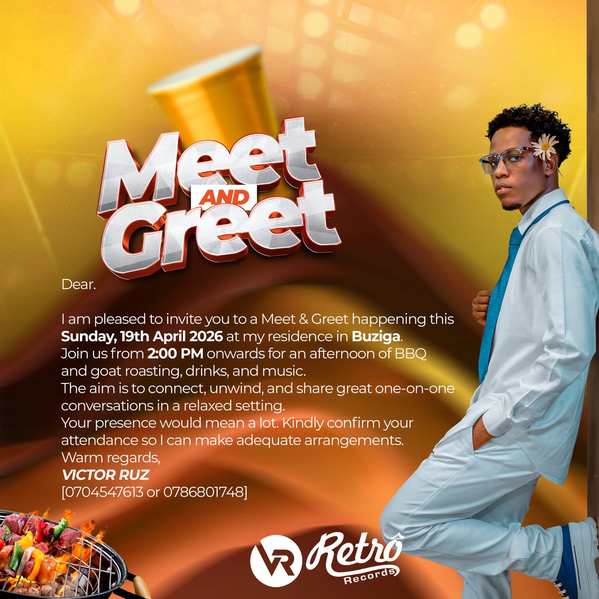 VictorRuzUg's tweet photo. Dear, RUZBIRDS
I am pleased to invite you to a Meet &amp; Greet happening this Sunday, 19th April 2026 at my residence in Buziga.

Your presence would mean a lot. Kindly confirm your attendance so I can make adequate arrangements.

Warm regards, 
VICTOR RUZ 
[0704547613 / 0786801748] https://t.co/uHuP9iG4qm