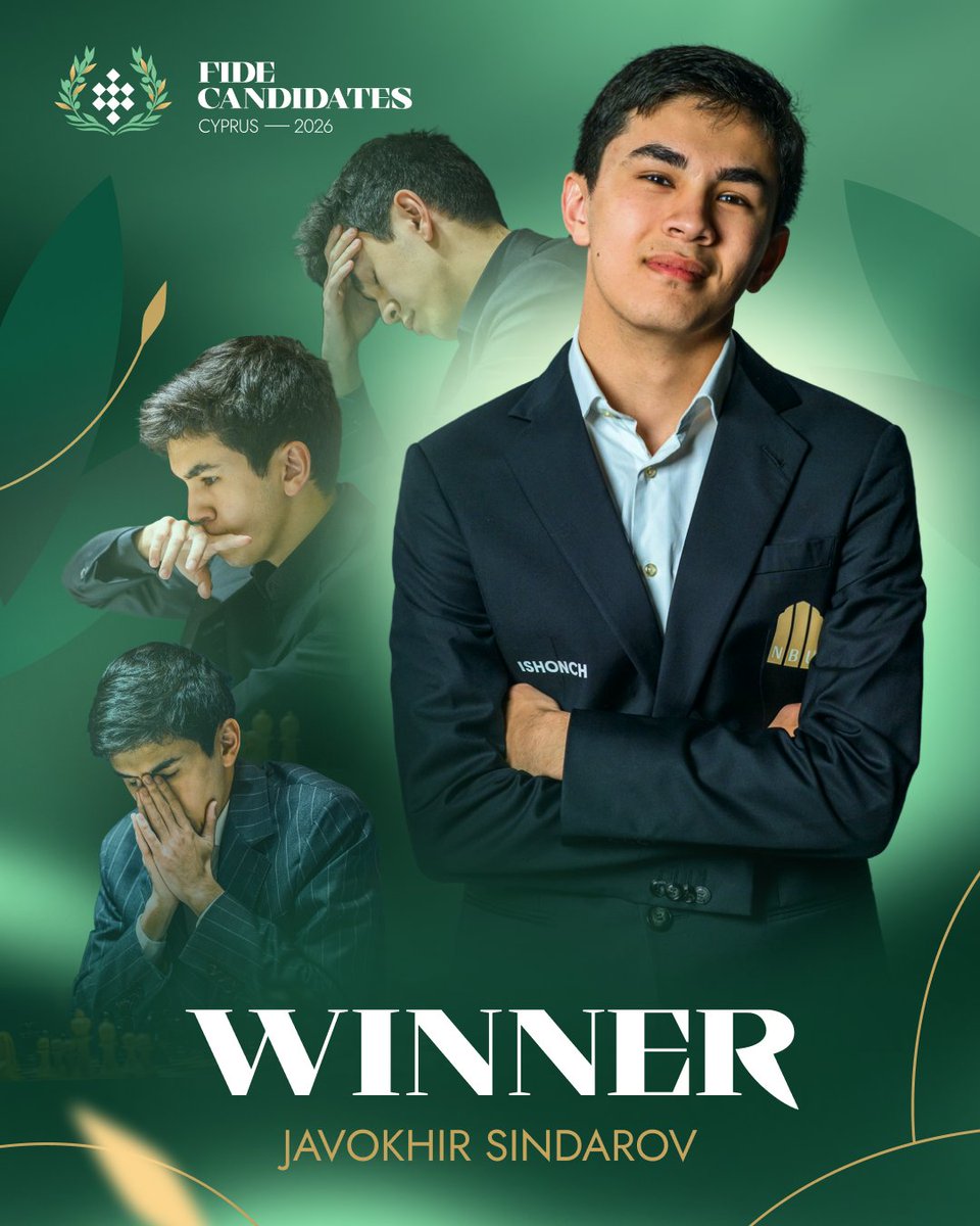 FIDE_chess's tweet image. 🇺🇿 Javokhir Sindarov wins the FIDE Candidates Tournament 2026 🏆

❗️ He will now challenge 🇮🇳 Gukesh D for the FIDE World Championship title later this year!

#FIDECandidates #FIDEWomensCandidates #FIDE #Chess #Cyprus