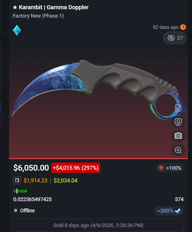 AstroooCs's tweet photo. Another blunder by me this week......

Had 3 Karambit Gamma Doppler P1s which became tradeable today 

AND I ACCIDENTALLY SOLD THIS ONE FOR MARKET PRICE.....😭 https://t.co/4hb4DSHfKS