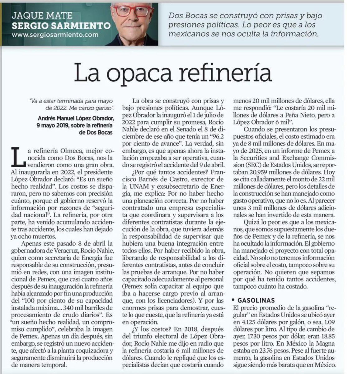 La refinería múltiplemente inaugurada en #DosBocas, es símbolo de opacidad, accidentes y sobrecostos.
Ya supera los 20 mil millones de dólares… aunque expertos la estiman arriba de 24 mil mdd
Sin transparencia, sin resultados claros… y sin gasolina más barata.
Vía