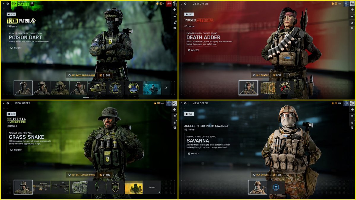 BattlefieldInte's tweet image. 🚨 NEW BUNDLES JUST DROPPED 🚨 #Battlefield6

💥 Poised Strike  850 BFC
☣️ Toxin Patrol   2000 BFC
🌴 Tropical Advance  1,400 BFC
⚡ ACCELERATOR PACK: Savanna  400 BFC

Full Bundles Showcase In HD
youtu.be/3Lg2tT-bfTM?is…