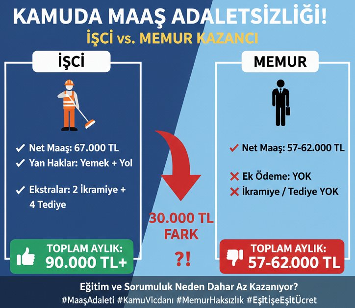Memur: Üniversite + KPSS + sorumluluk
Maaş: 61 bin TL

Taşerondan kadroya geçen işçi:
85-90 bin TL + ikramiye + tediye + yemek + yol

Aynı kamu kurumunda bu fark normal mi? Adalet mi?
#KamudaCifteStandart