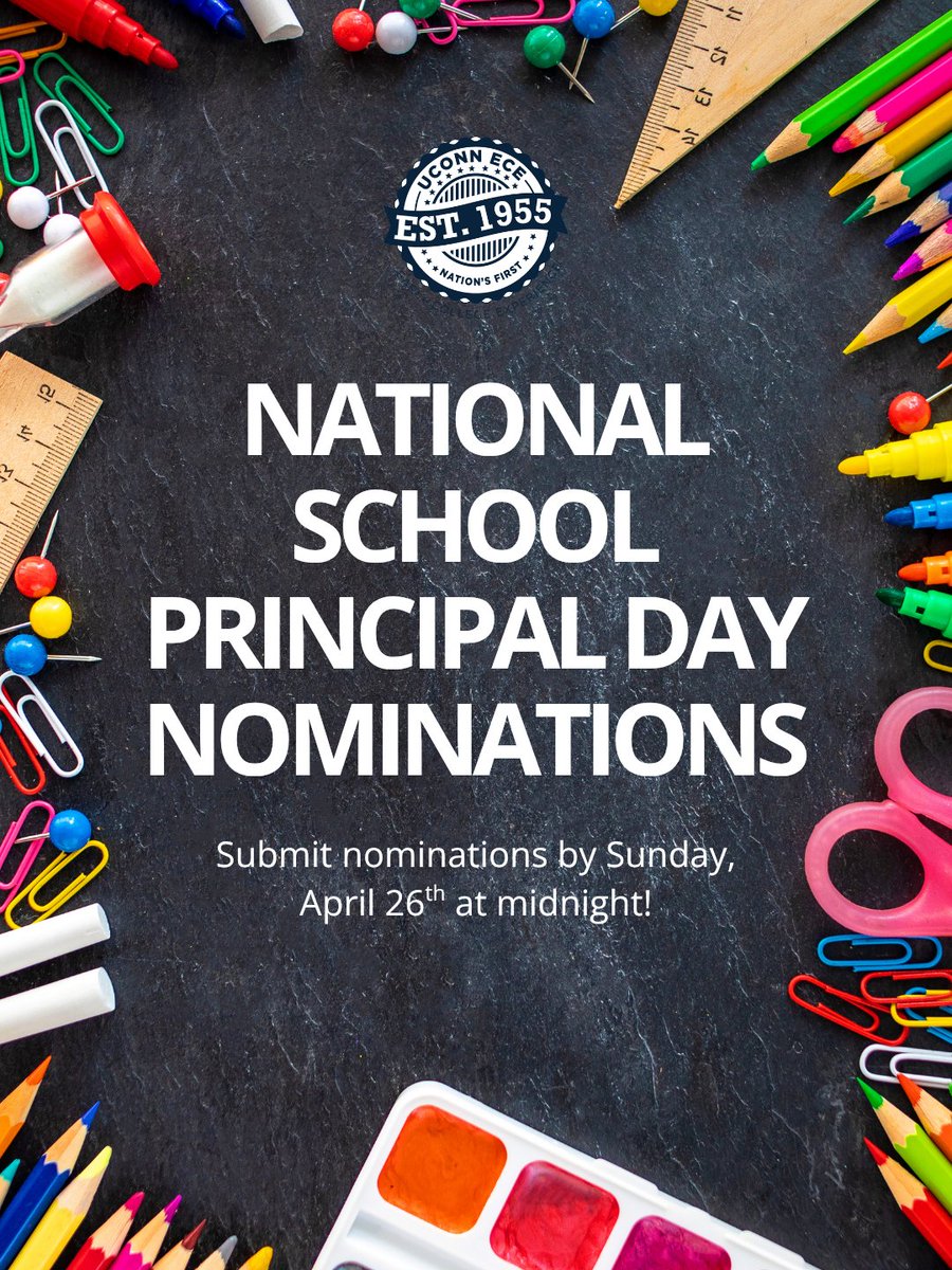 uconnece's tweet photo. May 1st is National School Principal Day! Help us recognize the incredible principals that lead our schools by sharing some kind words and nominating your school principal. 

Please submit your nomination by Sunday, April 26th! Check the link in the bio for more information. https://t.co/aMQqcrz1EX