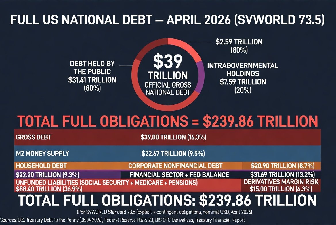 Sergiu1083307's tweet photo. @PressSec Official U.S. Gross National Debt = $39 trillion
Total Full Obligations (explicit + contingent + unfunded liabilities + derivatives margin risk) = $239.86 trillion
#USDebt #NationalDebt #DebtCrisis #Economy #Finance #TrillionDebt #SVWORLD #USA #Fed https://t.co/H6wXBbFmpi